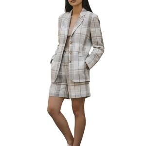 Vintage Gray White Plaid Blazer Shorts Set Womens Sz XS 80s Linen Blend Classic